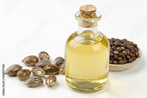 A bottle of castor oil with seeds beside it
