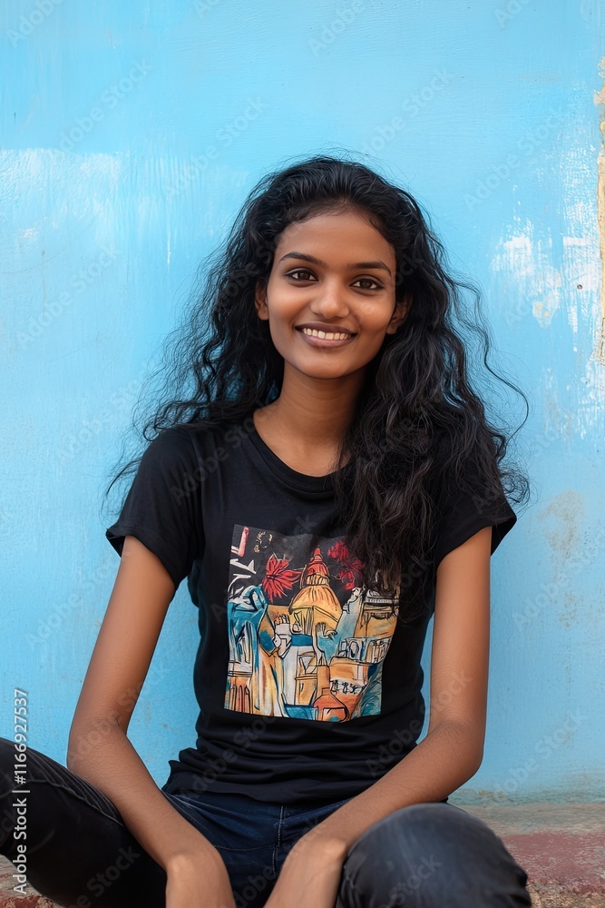 Fototapeta premium Young Woman Smiling in Front of Blue Wall Wearing Artistic T-Shirt