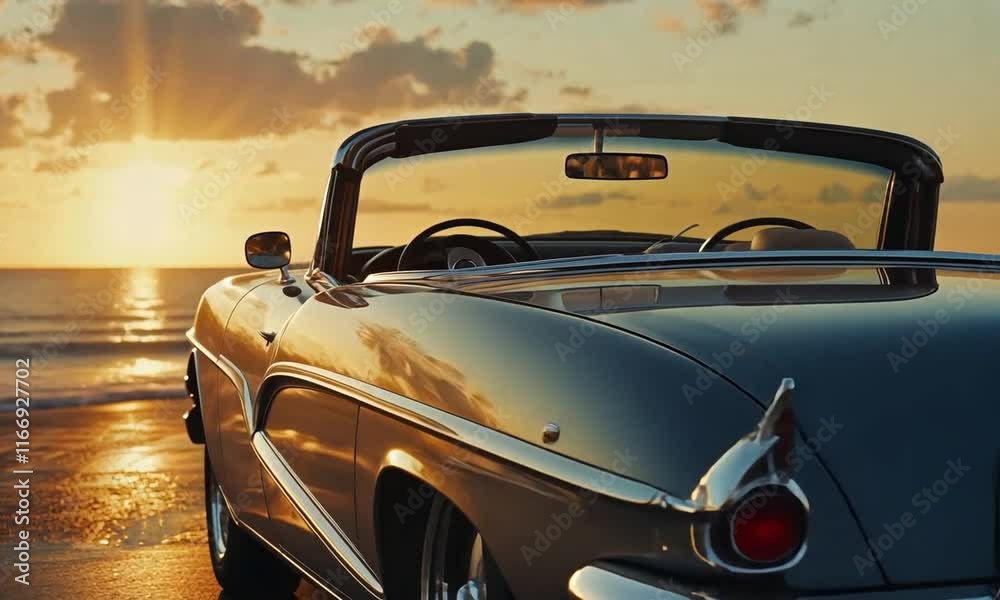 Classic Car Sunset Beach Scene: A Golden Hour Drive