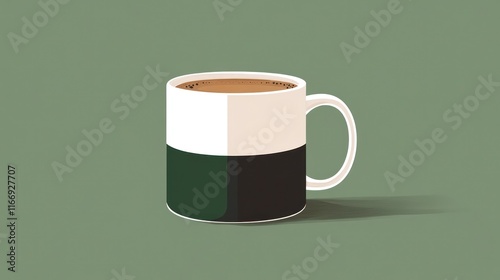 A minimalist illustration of a coffee mug with a two-toned design; half white, half dark green, filled with coffee.