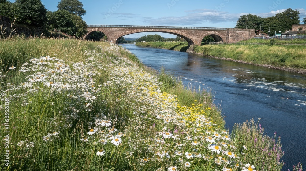 Fototapeta premium Stone bridge spanning river with wildflowers along bank.