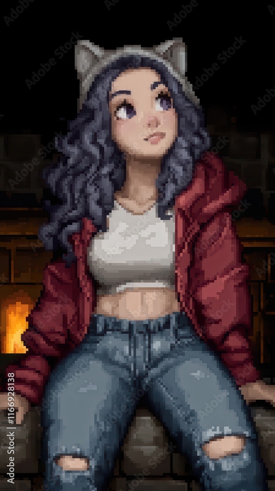 Pixel Art Young Woman with Cat Ears Red Jacket and Ripped Jeans by Fireplace Pixel Art Young Woman with Cat Ears Red Jacket and Ripped Jeans by Fireplace