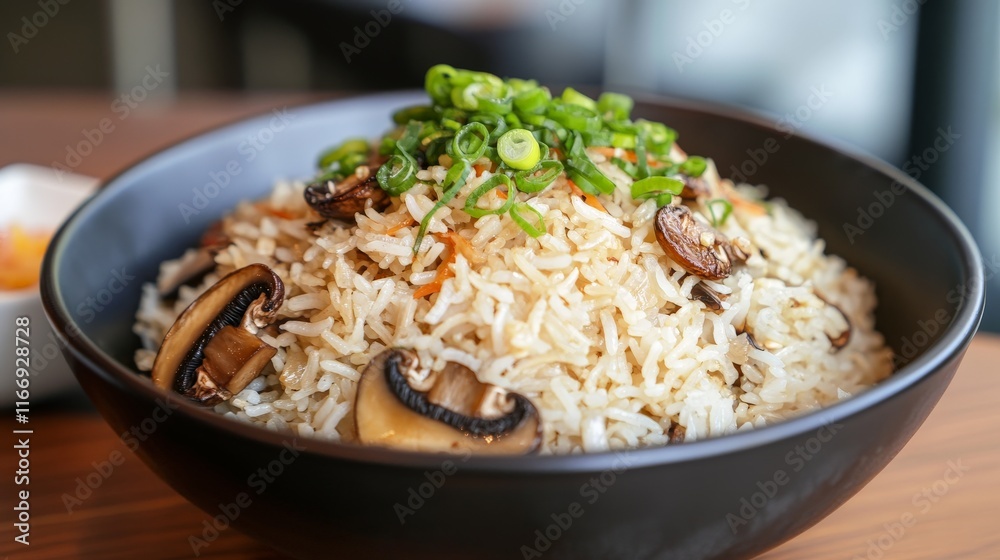 Fried Mushroom Rice with Spring Onions in Cozy Kitchen Fried Mushroom Rice with Spring Onions in Cozy Kitchen