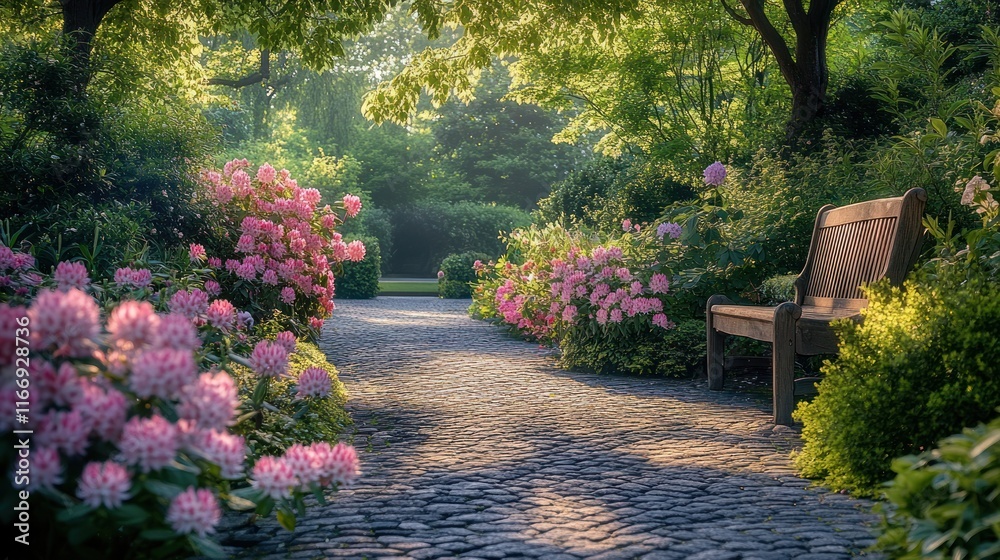 Obraz premium Serene garden path with wooden bench, blooming pink flowers, and sunlit cobblestones.