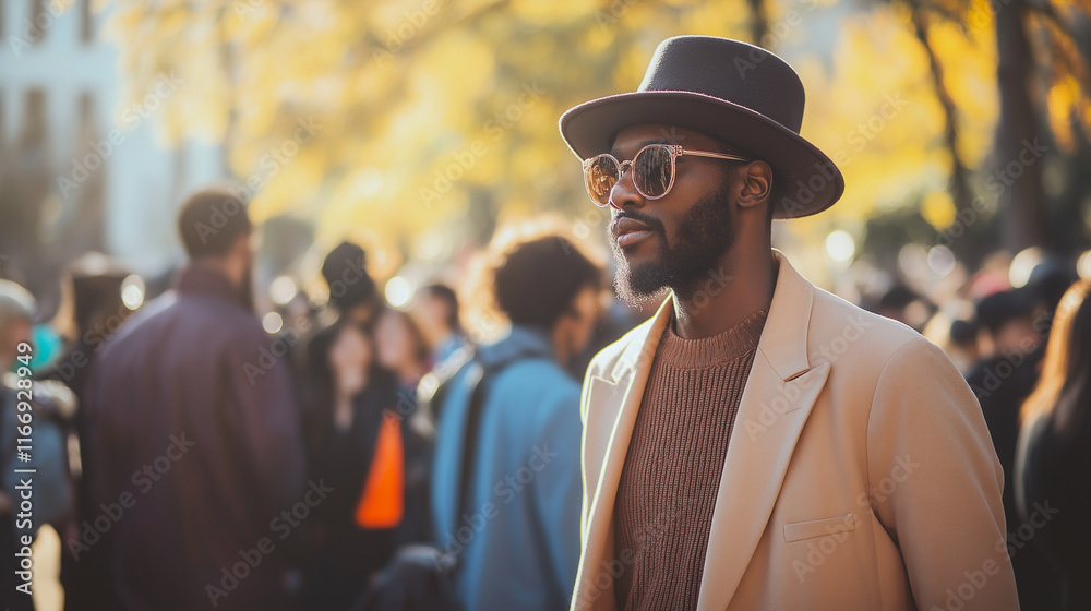 Stylish Man in Sunglasses and Hat at Outdoor Event in Autumn Stylish Man in Sunglasses and Hat at Outdoor Event in Autumn