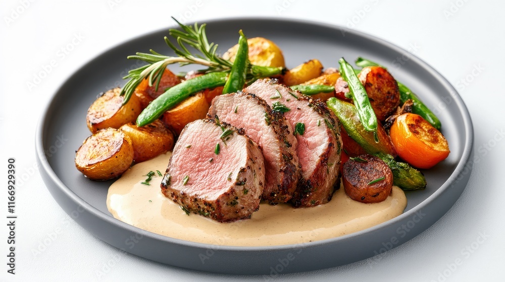 A plate of meat and vegetables with a creamy sauce
