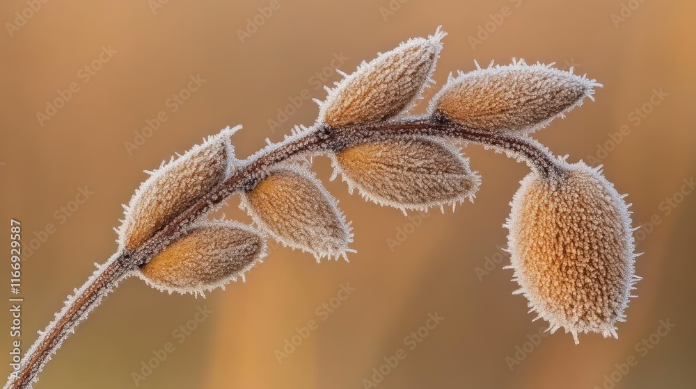 Frosty plant stem with seed pods, close-up. Frosty plant stem with seed pods, close-up.