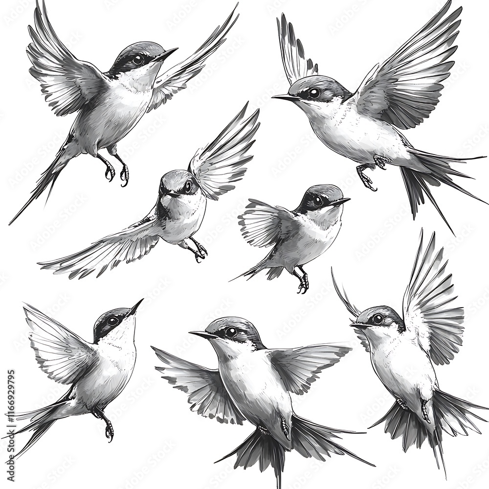 Fototapeta premium Elegant Black and White Illustration of Birds in Flight