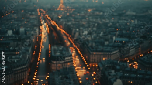 Aerial view of a bustling cityscape at dusk, with glowing streetlights and blurred traffic. urban complexity, unanswered questions,mystery