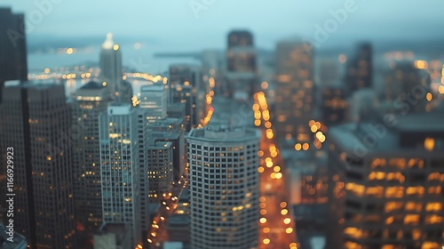 Aerial view of a bustling cityscape at dusk, with glowing streetlights and blurred traffic. urban complexity, unanswered questions,mystery