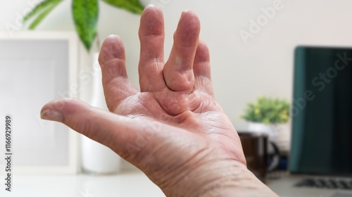 Hand of a person with Dupuytren's contracture, which does not allow to bend the finger.
A disease of the joint and palm, Dupuytren's contracture, fingers do not bend. Medicine and traumatology, orthop