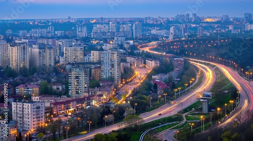 Aerial view of a bustling cityscape at dusk, with glowing streetlights and blurred traffic. urban complexity, unanswered questions,mystery