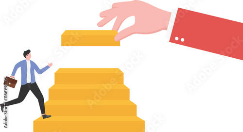 Flat hand arranging wood block stacking as step stair to help businessman go up higher. Business growth success and teamwork concept.
