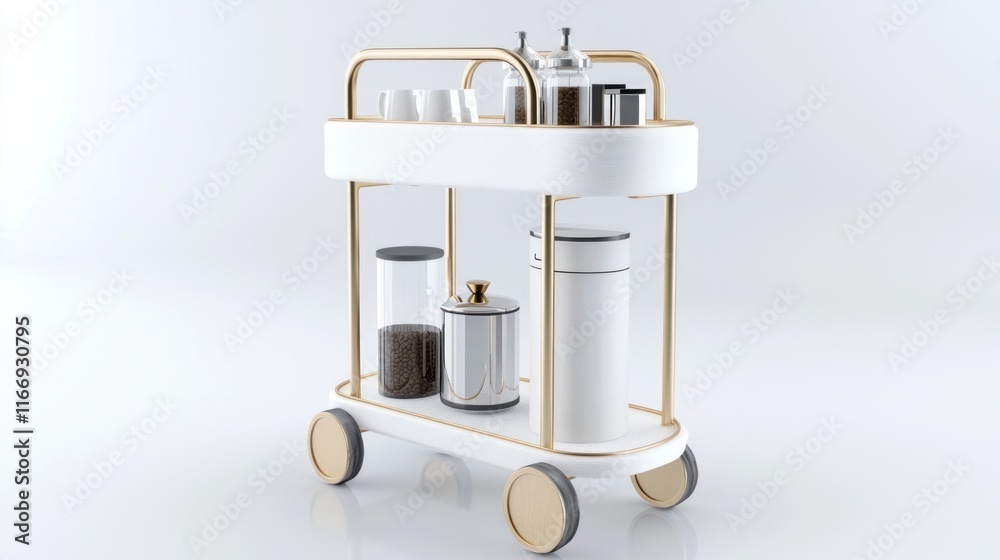 Naklejka premium Modern 3D-Printed Coffee Cart for Stylish Kitchen Organization | Compact Design for Essentials - 3D Render Model on White Background