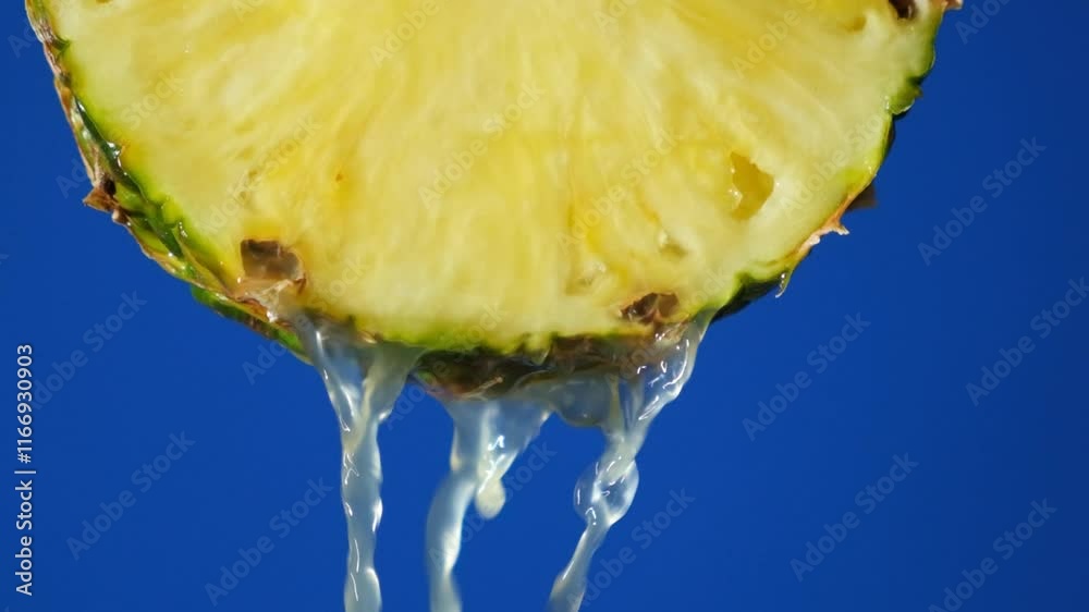 Pineapple juice running down the cut of fresh pineapple fruit on a blue background, slow motion.