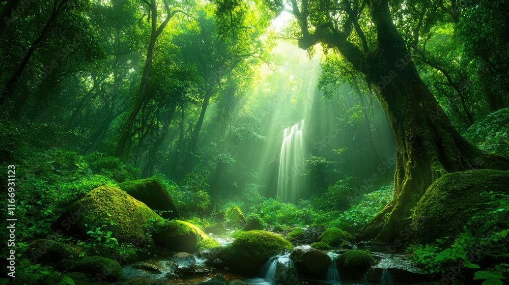 Majestic Forest with Waterfall and Sunlight Streaming Through Trees Majestic Forest with Waterfall and Sunlight Streaming Through Trees