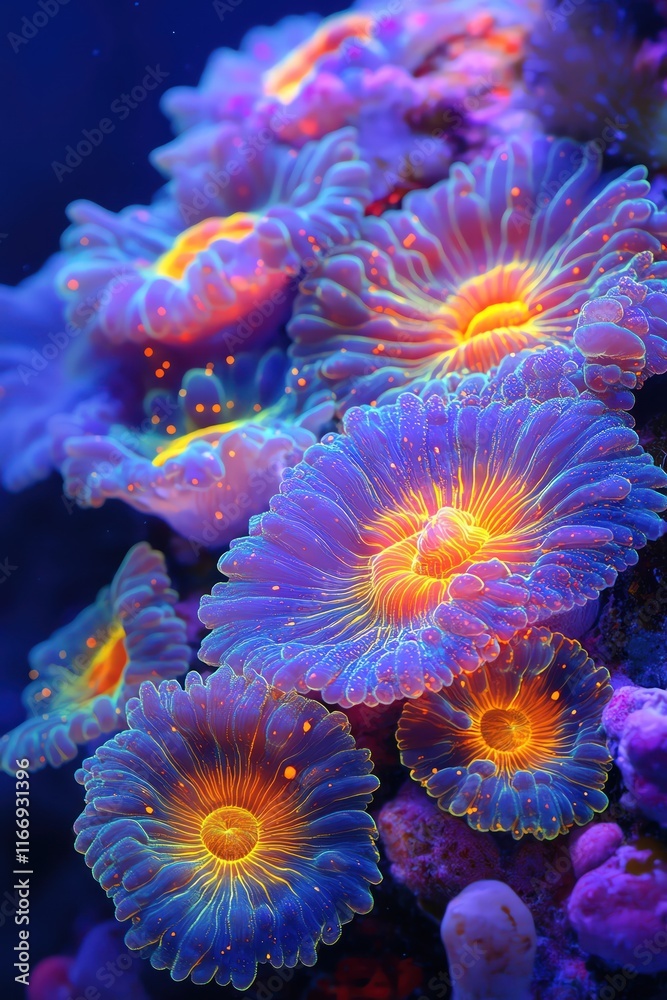Closeup of bioluminescent coral polyps in an underwater scene, glowing vividly in blues, purples, and yellows, evoking the mysteries of the deep sea