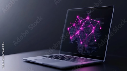 A laptop displaying a digital network visualization in pink hues.