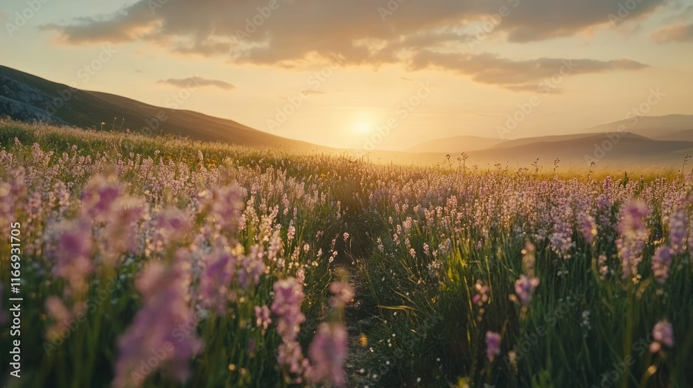 Obraz premium Sunrise over a field of wildflowers in a mountain valley.