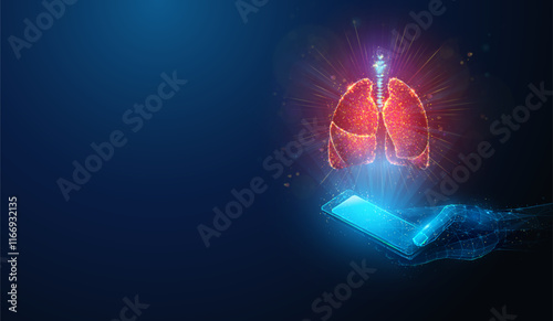 Abstract illustration of human lungs made of neon particles over lowpoly smartphone in hand. Blue geometric background depicting respiratory system healthcare monitoring app medical concept