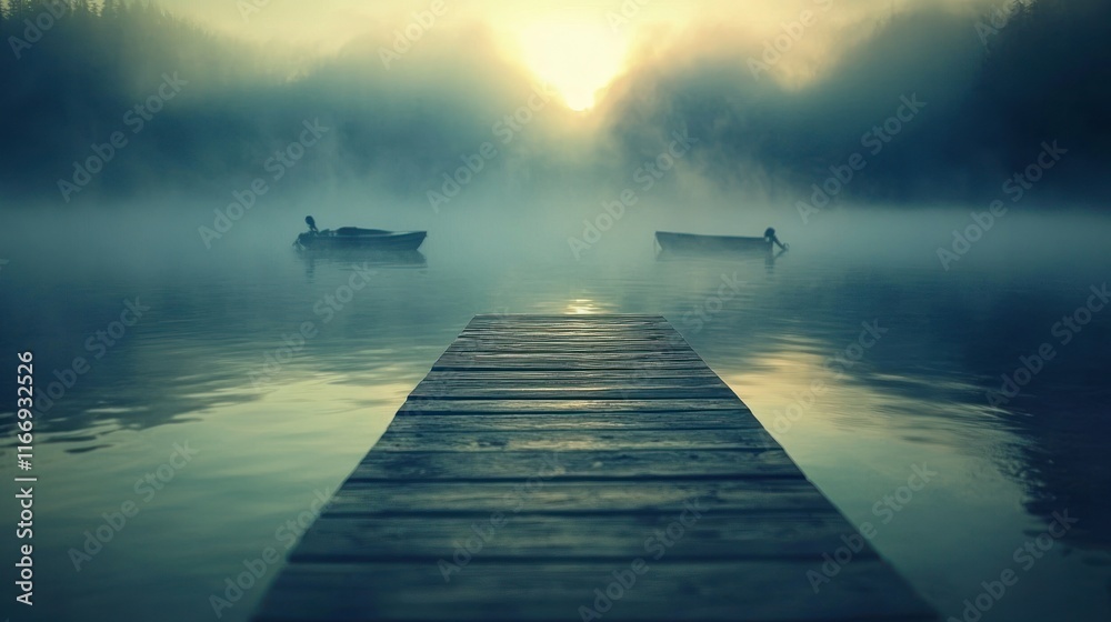 Fototapeta premium Misty sunrise over calm lake with two boats and wooden dock.