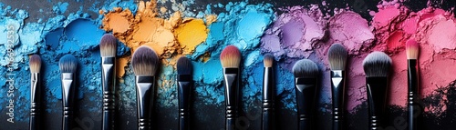 Makeup palette and brushes, artistic explosion of color, closeup photo