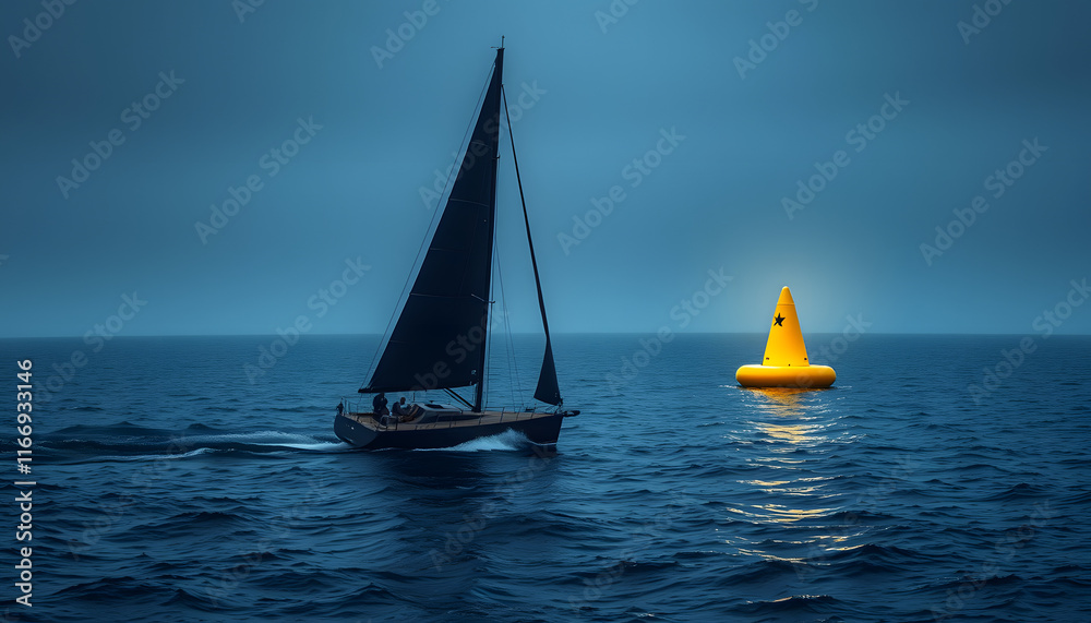 Fototapeta premium Dark sailing boat close to yellow buoy during the race, one line art. isolated with white highlights