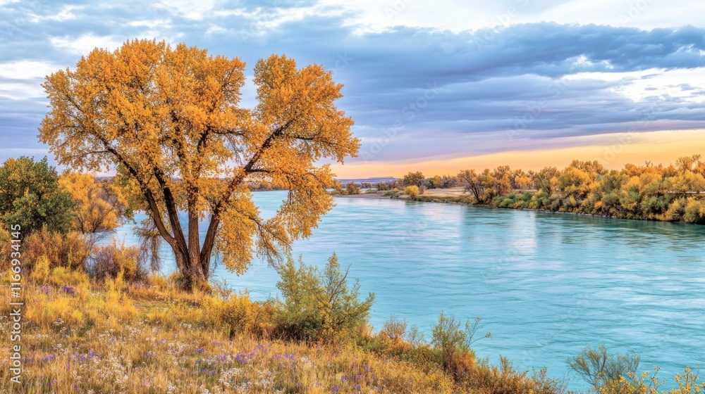 Golden autumn tree by tranquil river at sunrise. Golden autumn tree by tranquil river at sunrise.