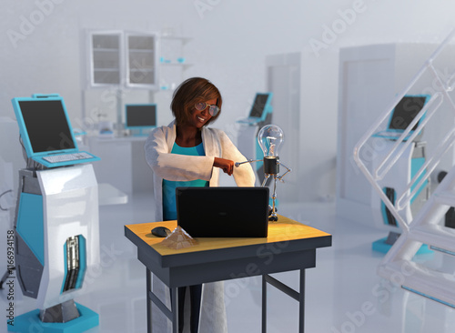 An afro-american female researcher in a lab coat giving a thumbs greeting to a light bulb robot. Concept of having a good idea. 