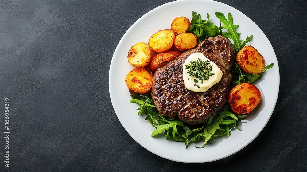 A plate of meat and potatoes with a green salad on top A plate of meat and potatoes with a green salad on top