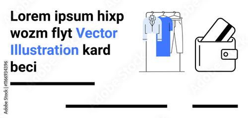 Clothing items on a rack with wallet holding credit cards. Ideal for fashion, e-commerce, online shopping, retail, payment solutions, marketing, and user interface design. Landing page