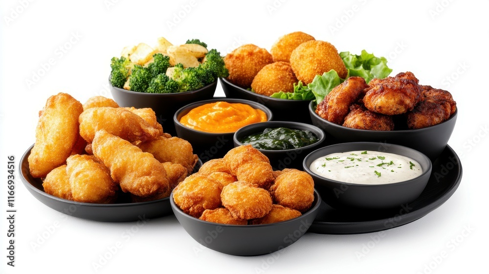 A plate of food with a variety of different foods including chicken wings, fries A plate of food with a variety of different foods including chicken wings, fries