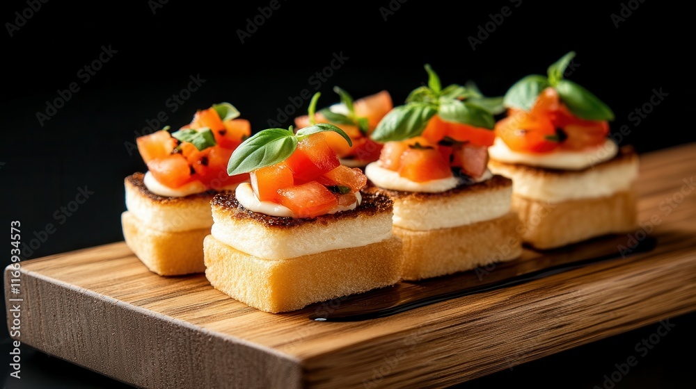 A plate of small sandwiches with tomatoes and basil on top A plate of small sandwiches with tomatoes and basil on top