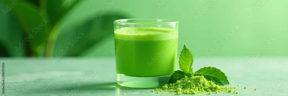 Jade matcha in glass, creamy top, green setting, cafe, studio shot, plant-based Jade matcha in glass, creamy top, green setting, cafe, studio shot, plant-based