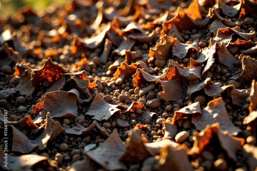 Large pile of shredded bark mulch, sunlight dappled, outdoor, pile, winter Large pile of shredded bark mulch, sunlight dappled, outdoor, pile, winter