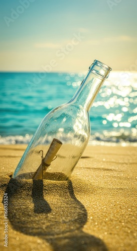 Glass Bottle Message In Sand Near Ocean photo