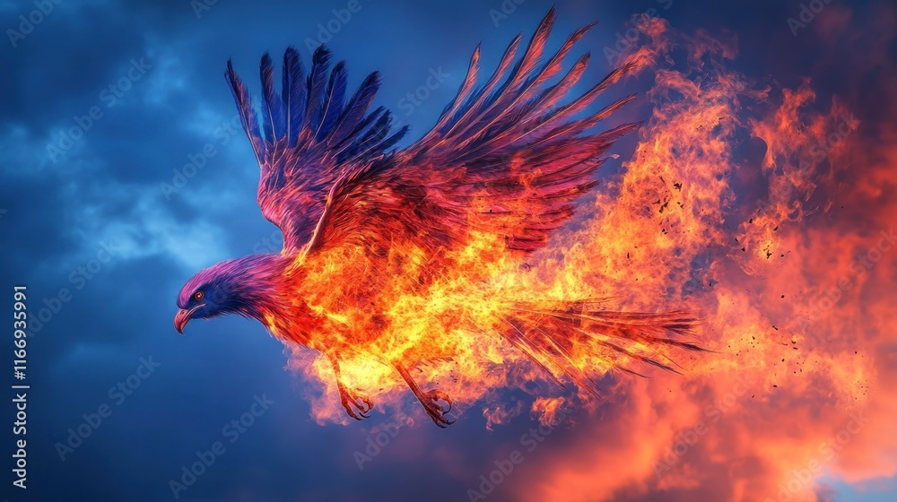 Fototapeta premium Fiery eagle in flight, engulfed in flames against a stormy sky.