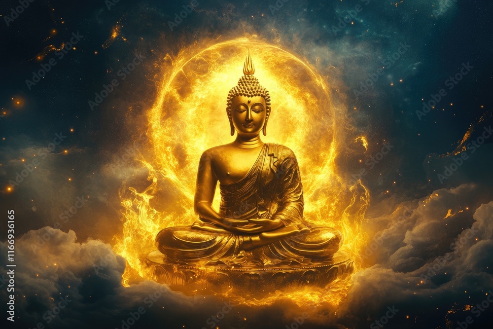 A golden Buddha statue surrounded by glowing clouds, radiating light and illuminating the sky with an orange glow. A golden Buddha statue surrounded by glowing clouds, radiating light and illuminating the sky with an orange glow.