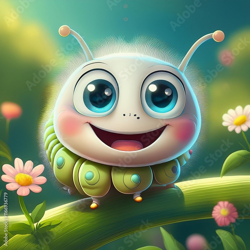 Cartoonish bug with big eyes and a smile is sitting on a branch