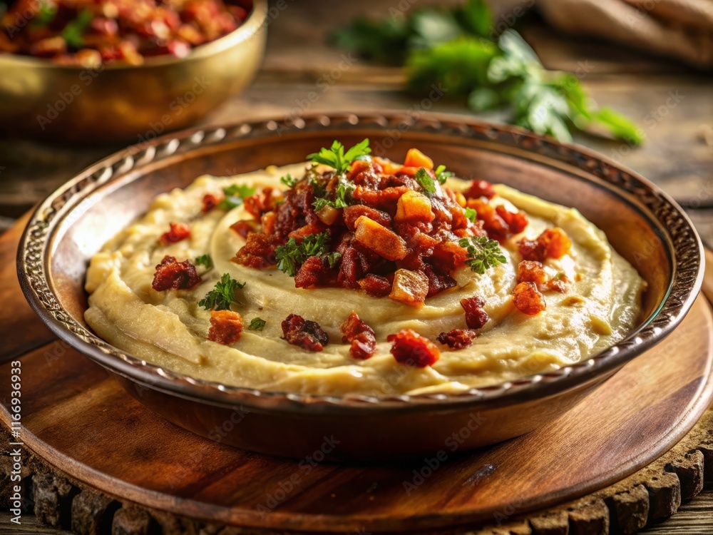 Delicious Turkish Hummus & Bacon Meze on Copper Plate Delicious Turkish Hummus & Bacon Meze on Copper Plate