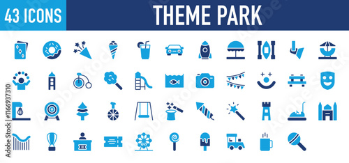 Set of 43 Theme Park icon. Ticket Office, Bunting, Acting, Ferris Wheel, Playing Card, Light, Magic Hat, Joker, Lemon Juice, Firecracker, Coffee Cup, Boxing Machine, Confetti illustration.