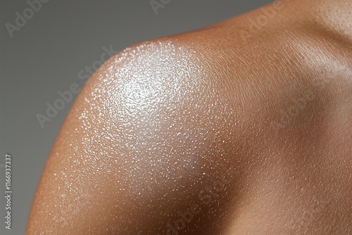 close up view of glistening shoulder, showcasing smooth skin texture and sheen. image captures beauty of skin under soft lighting, emphasizing its natural glow