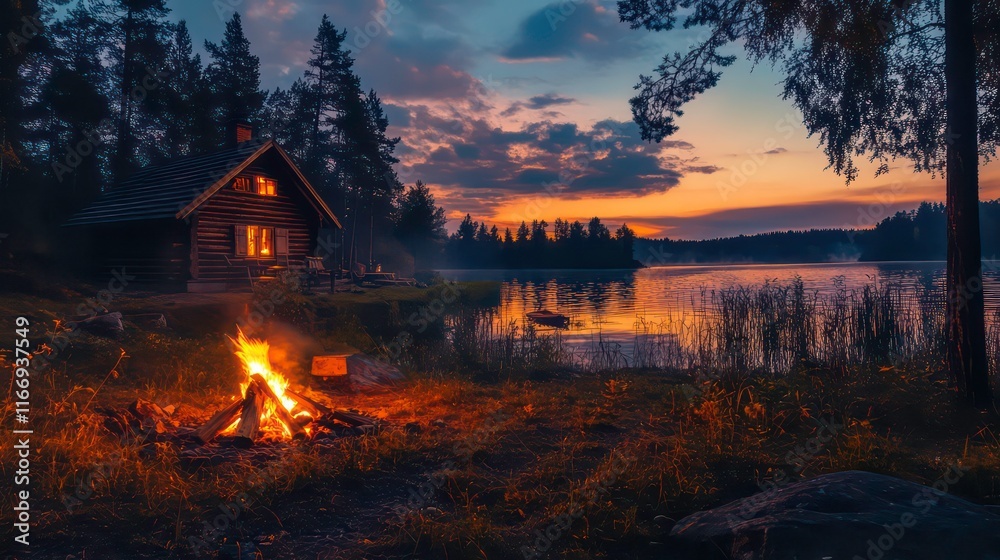 a log cabin sits next to a lake with a campfire in the foreground a log cabin sits next to a lake with a campfire in the foreground