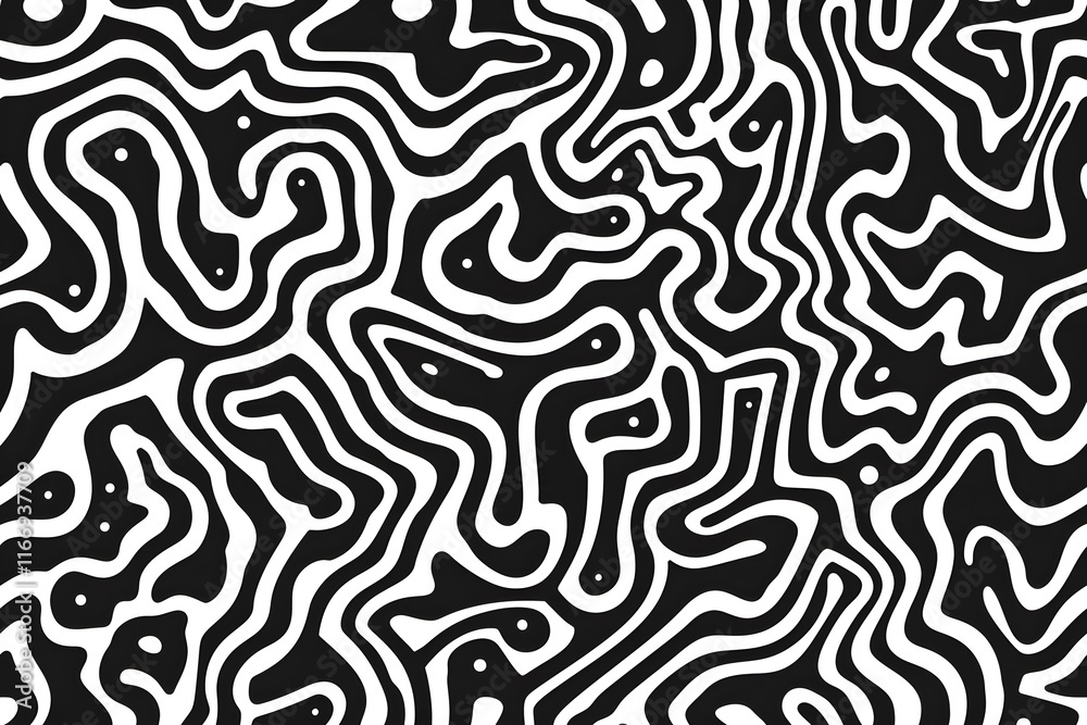 Obraz premium Abstract black and white wavy pattern with organic shapes and lines.