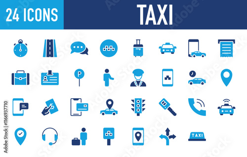 Set of 24 Taxi icon. Map Point, Passanger, Direction Arrow, Phone Call, Id Card, App, Map Pointer, Speech Bubble, Location Pin, Driver, Time, Parking Sign, Road, Payment, Suitcase illustration.