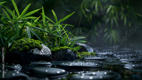 landscape with lush green foliage, moss covered rocks and tranquil stream with smooth stones