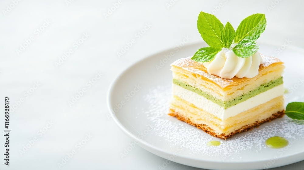 A slice of cake with a green leaf on top A slice of cake with a green leaf on top