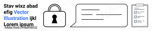 Lock icon, speech bubble with text lines, and checklist on clipboard indicating secured communication and task completion. Ideal for promoting security, privacy, communication, organization