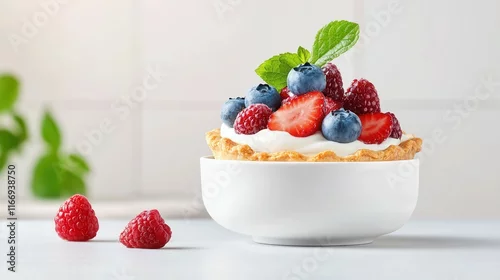 Panel kuchenny z motywem A bowl of fruit with blueberries and strawberries on top of a white dessert