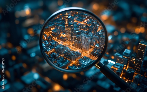 Hightech urban cityscape illuminated by glowing lights, a magnifying glass emphasizing map visualizations, aerial perspective capturing dynamic exploration of focus areas